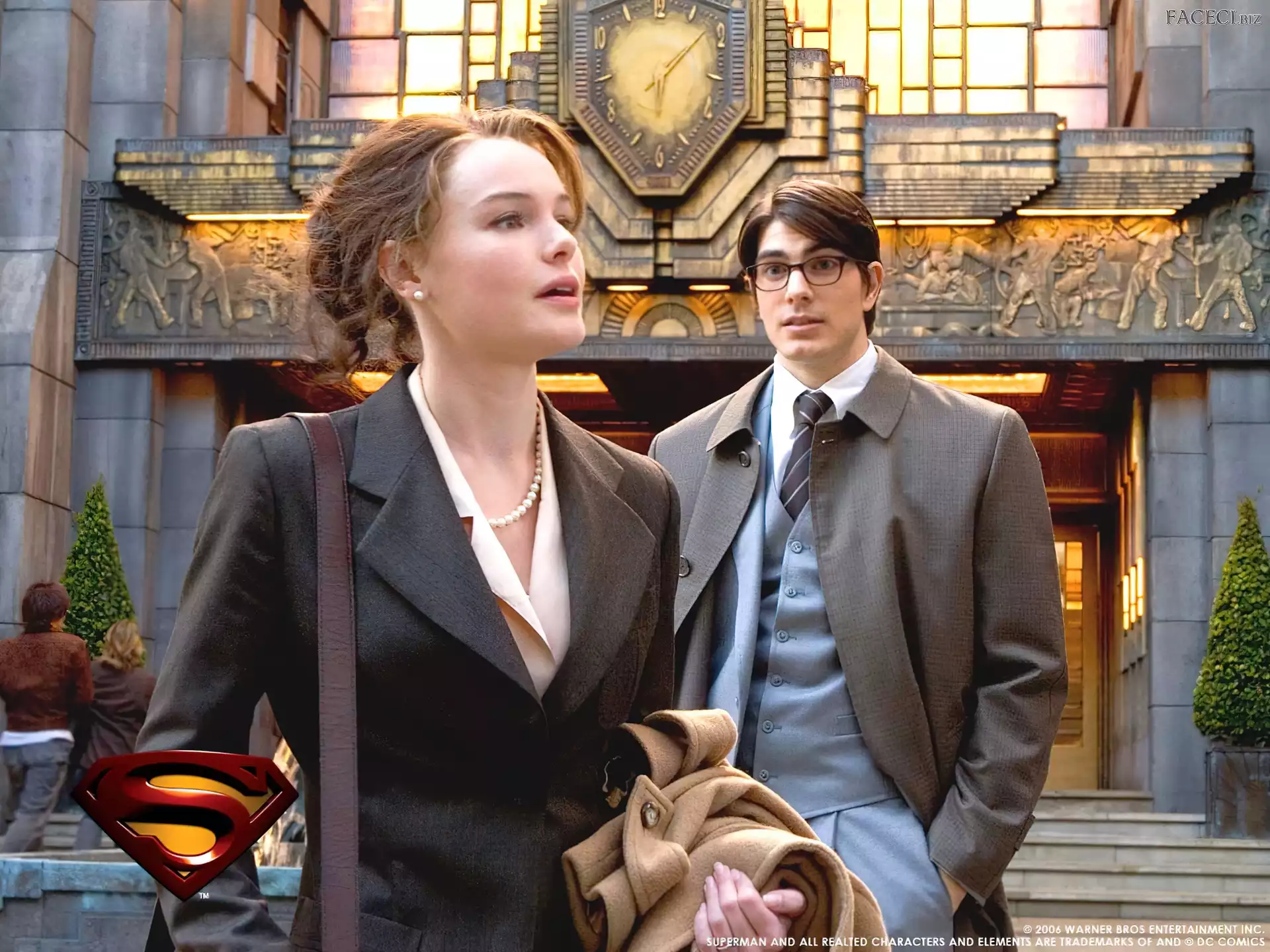 Brandon Routh, Superman Returns, budynek, płaszcz, Kate Bosworth, zegar